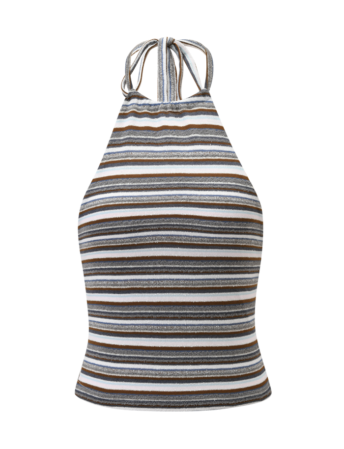 The DILLON HALTER TOP by TIGERMIST is a sleeveless, high neck halter with blue and brown stripes, a tie neckline, and a fitted yet slightly flared silhouette for a chic look.