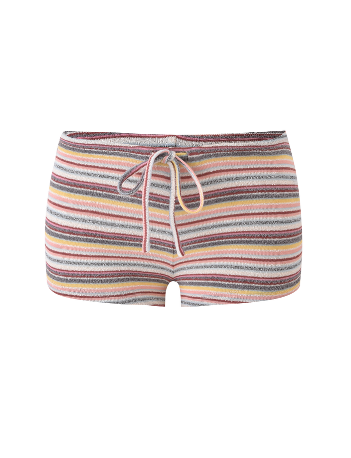 The TIGERMIST DILLON SHORT - MULTISTRIPE are comfy knit micro mini shorts with a drawstring waistband and playful pink, yellow, gray, and white horizontal stripes on a plain white background—perfect for everyday wear.