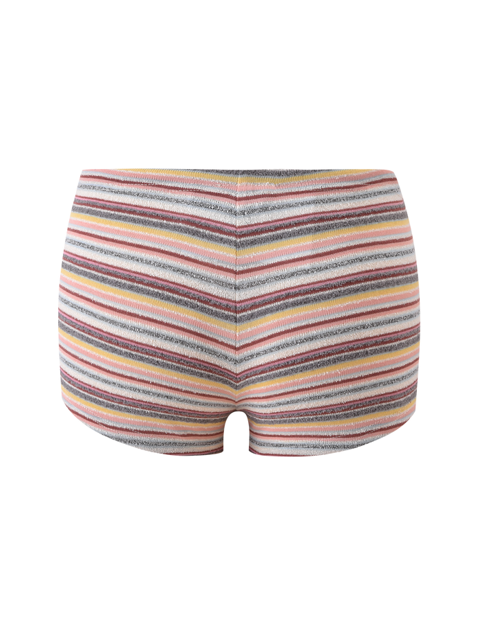 The TIGERMIST DILLON SHORT - MULTISTRIPE features colorful pink, orange, yellow, gray, and white stripes with a comfy drawstring waist—perfect everyday micro mini shorts shown on a plain white background.