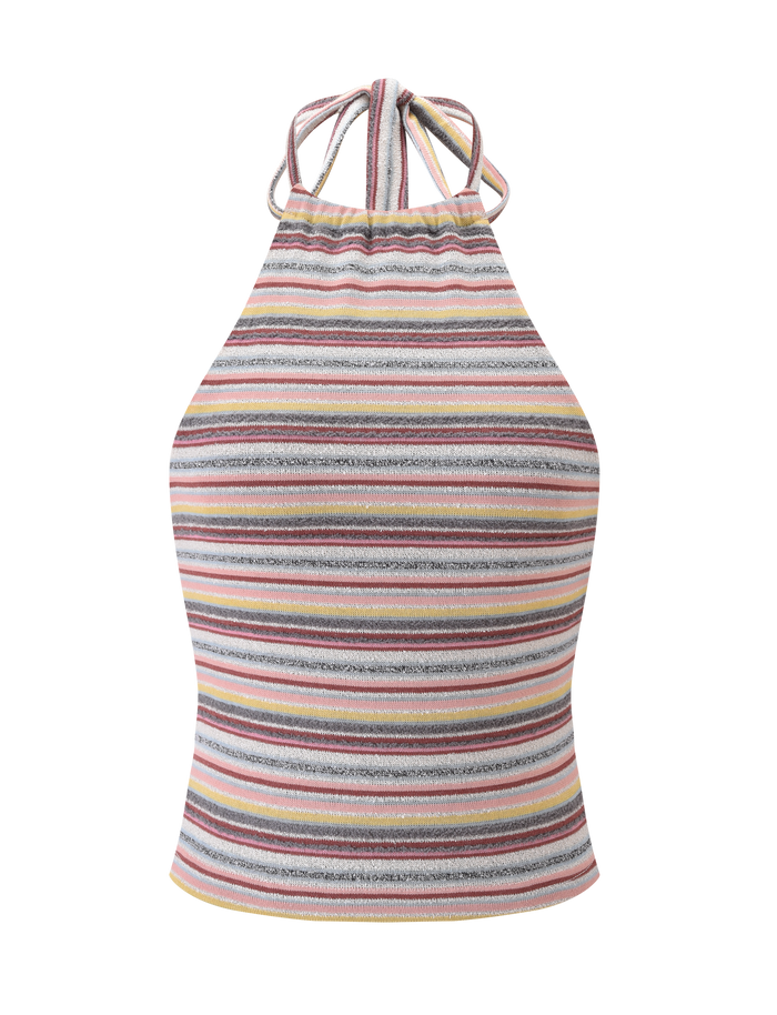 The DILLON TOP - MULTISTRIPE by TIGERMIST is a striped halter with thin pink, yellow, white, gray, and black lines, a high neck tie, and a fitted, slightly flared shape.