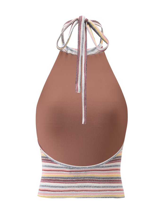 The TIGERMIST DILLON TOP - MULTISTRIPE is a solid brown high neck halter with a back-tie strap and a multicolour horizontal striped band at the bottom.