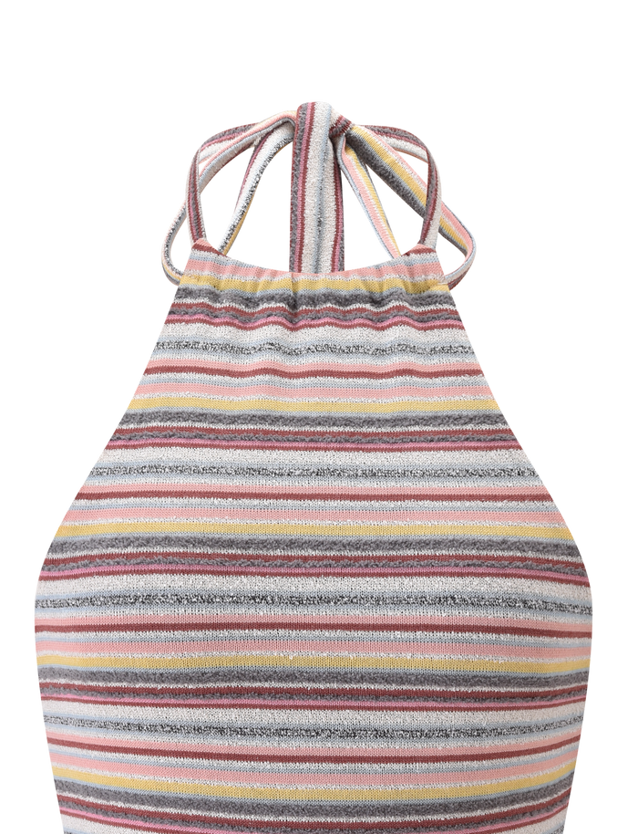 Close-up of the TIGERMIST DILLON TOP - MULTISTRIPE, a halter top featuring a high neck and multicolored horizontal stripes in pink, yellow, gray, and white.