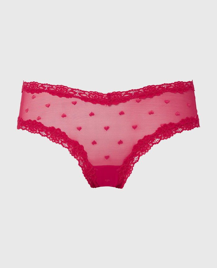 Diva Cheeky With Heart Mesh and Lace Trim in Crimson