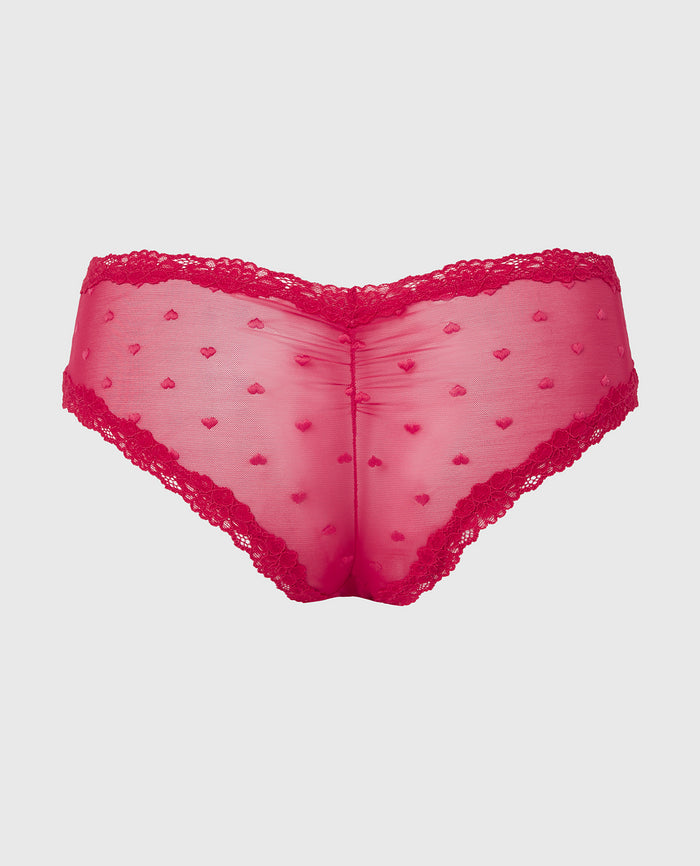 Diva Cheeky With Heart Mesh and Lace Trim in Crimson