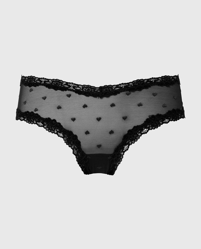 Diva Cheeky With Heart Mesh and Lace Trim in Tuxedo Black
