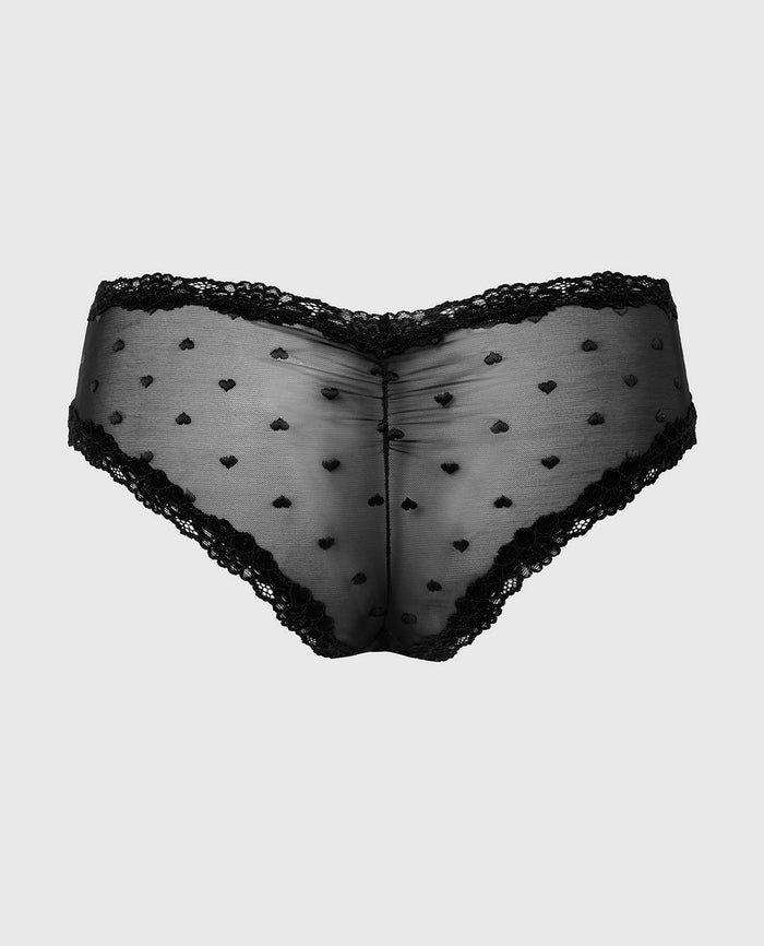 Diva Cheeky With Heart Mesh and Lace Trim in Tuxedo Black