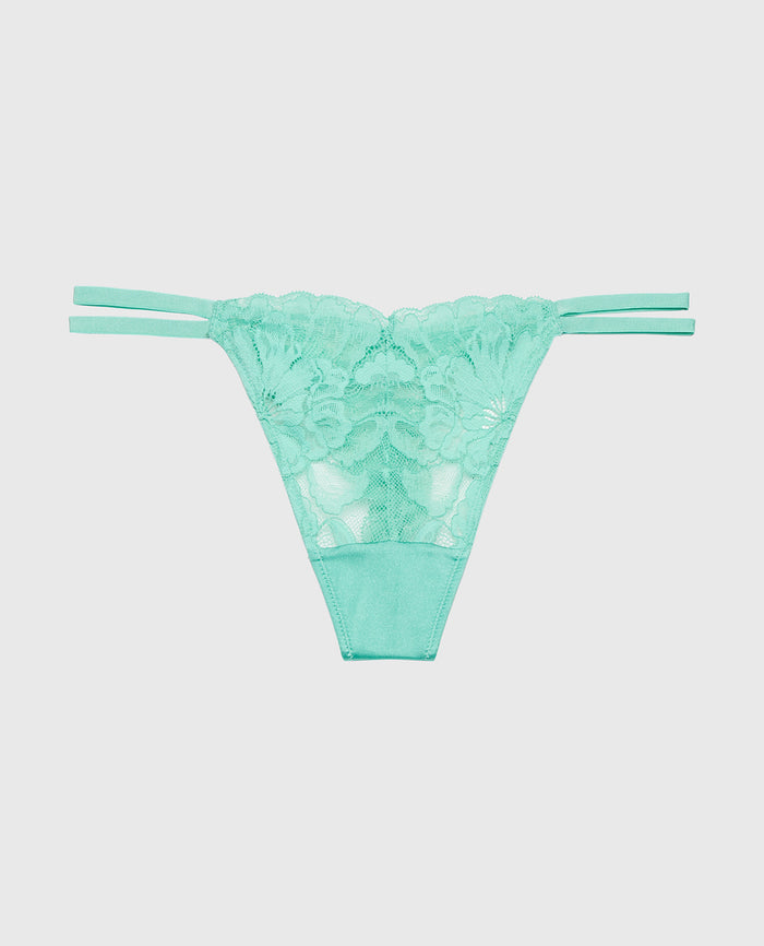 Diva High Leg String Thong With Lavish Lace in Pool Blue