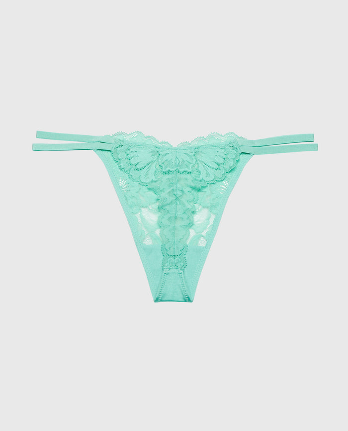 Diva High Leg String Thong With Lavish Lace in Pool Blue