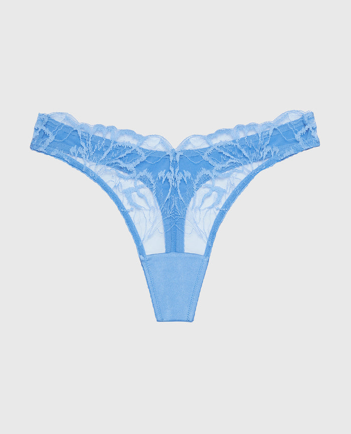Diva High Leg Thong Panty with Lush Lace in Azure Blue