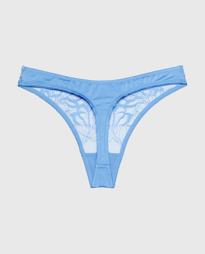 Diva High Leg Thong Panty with Lush Lace in Azure Blue