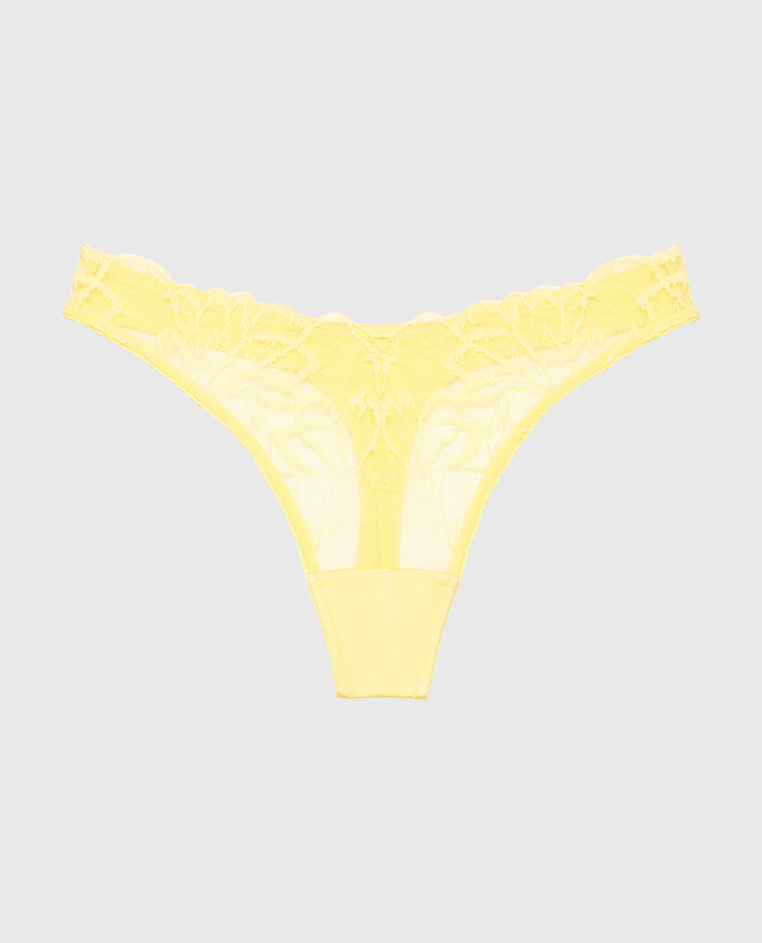 Diva High Leg Thong Panty with Lush Lace in Pale Banana