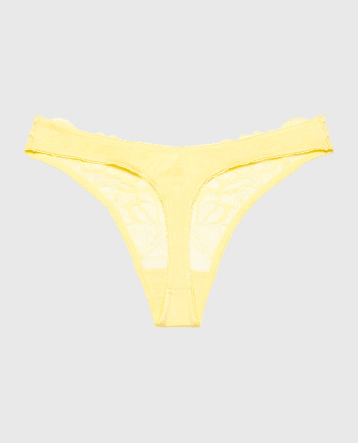 Diva High Leg Thong Panty with Lush Lace in Pale Banana