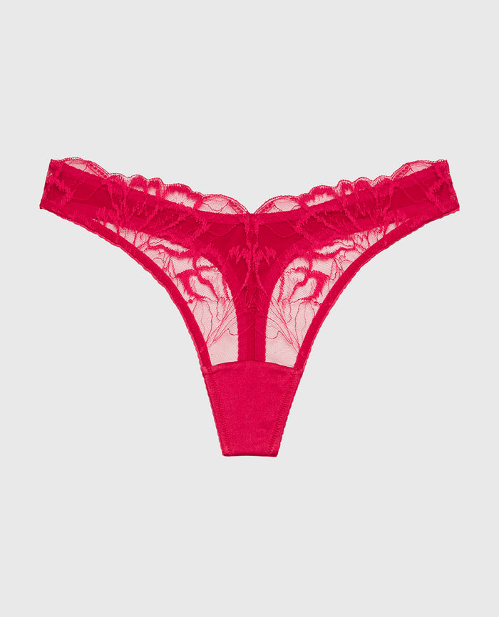 Diva High Leg Thong Panty with Lush Lace in Passion Red
