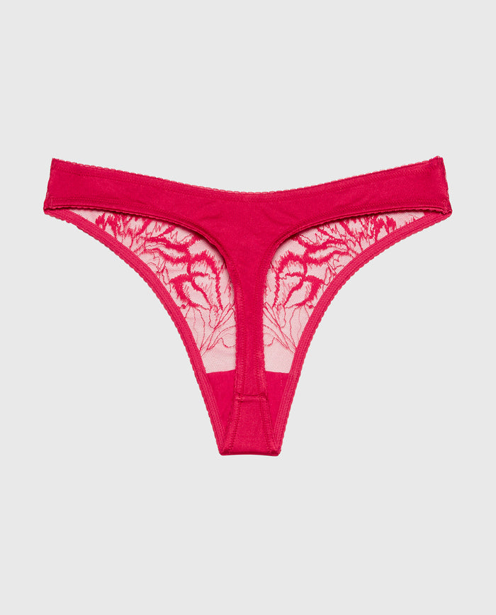 Diva High Leg Thong Panty with Lush Lace in Passion Red