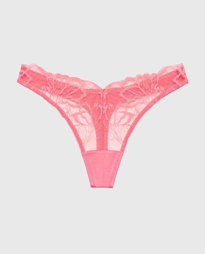 Diva High Leg Thong Panty with Lush Lace in Pink Lemonade