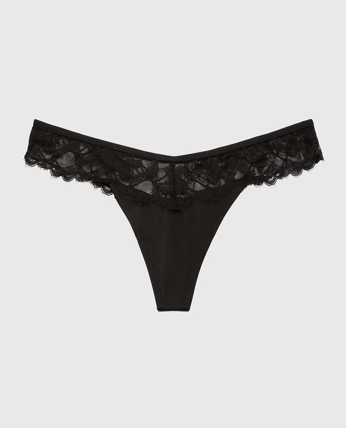 Diva Thong Panty With Afterglow Lace in Tuxedo Black