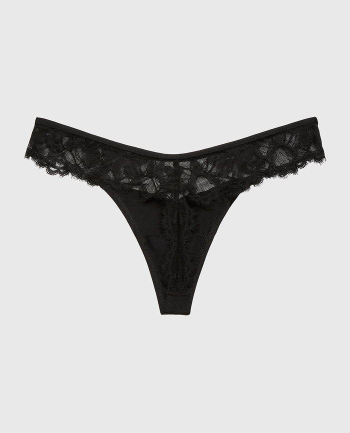 Diva Thong Panty With Afterglow Lace in Tuxedo Black
