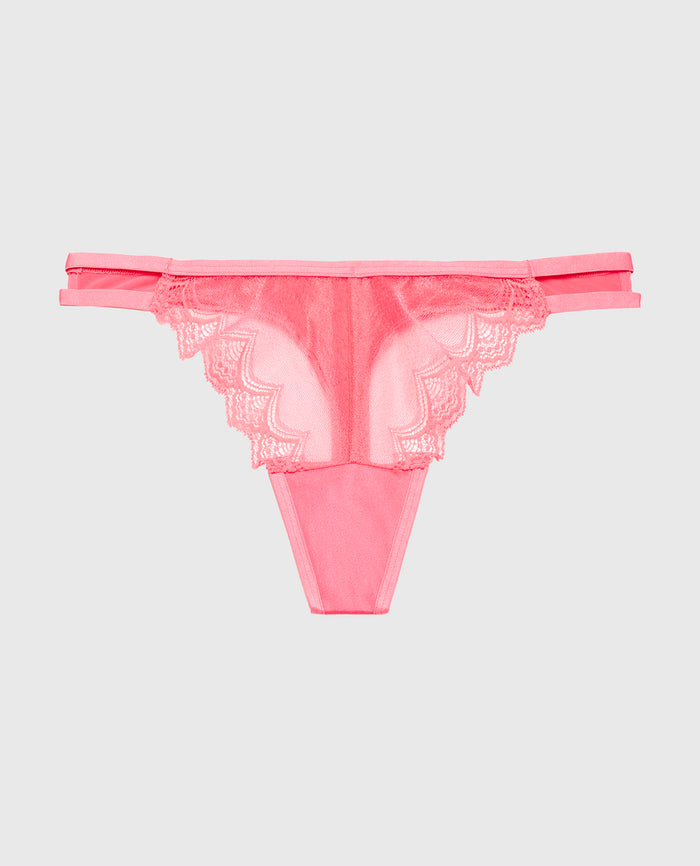 Diva Thong Panty with Exquisite Lace in Pink Lemonade