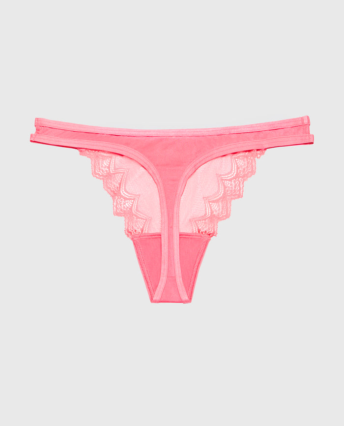 Diva Thong Panty with Exquisite Lace in Pink Lemonade