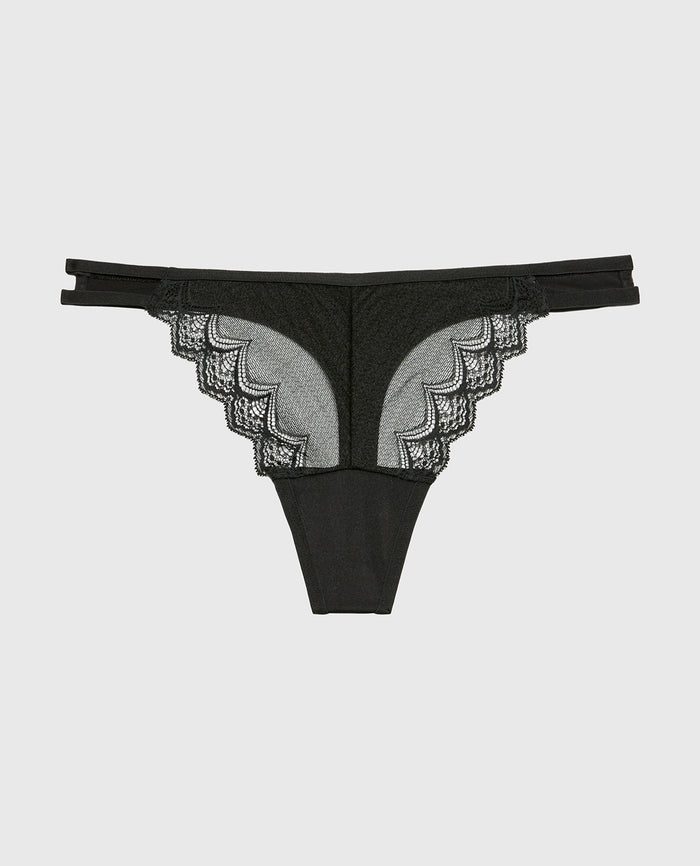 Diva Thong Panty with Exquisite Lace in Tuxedo Black