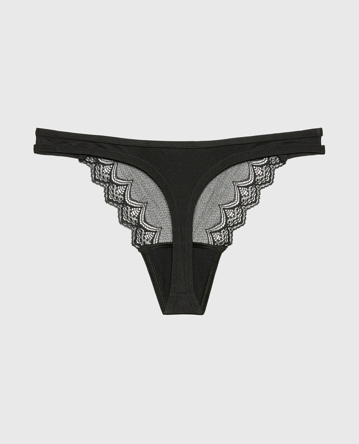 Diva Thong Panty with Exquisite Lace in Tuxedo Black