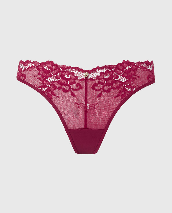 Diva Thong Panty with Romantic Lace in Plum Rose