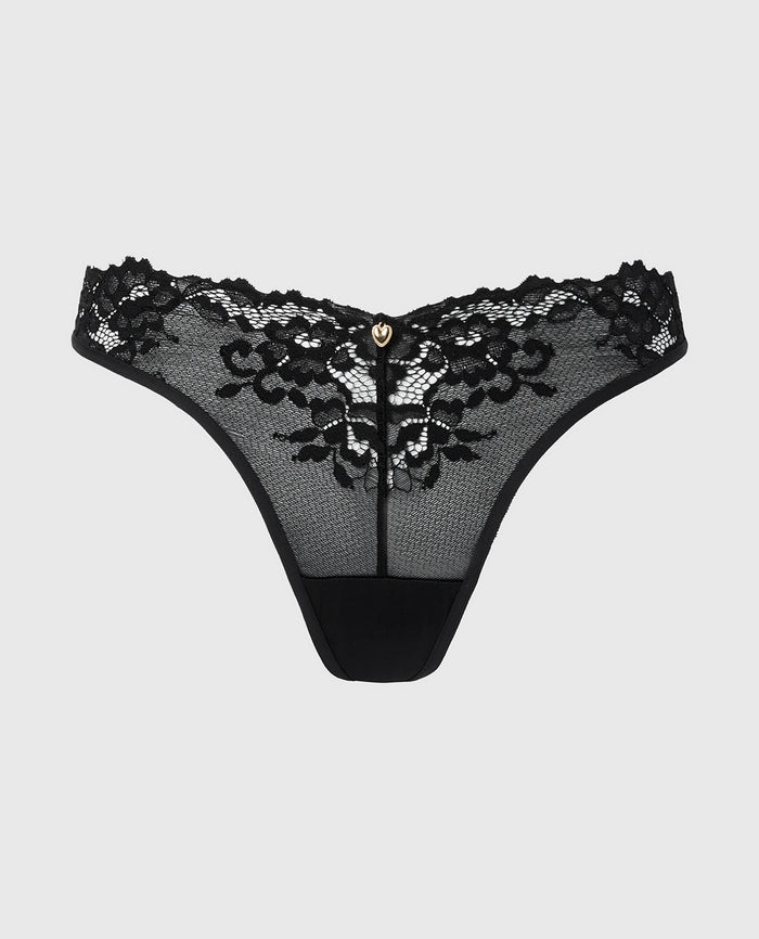 Diva Thong Panty with Romantic Lace in Tuxedo Black