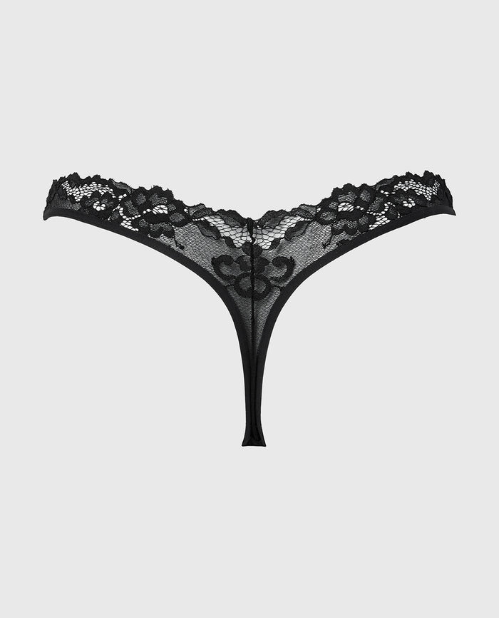 Diva Thong Panty with Romantic Lace in Tuxedo Black
