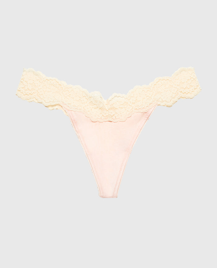 Diva Thong Panty with Timeless Lace Trim in Crystal Pink