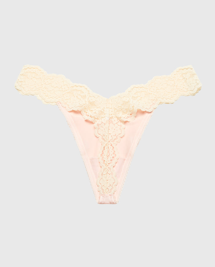 Diva Thong Panty with Timeless Lace Trim in Crystal Pink