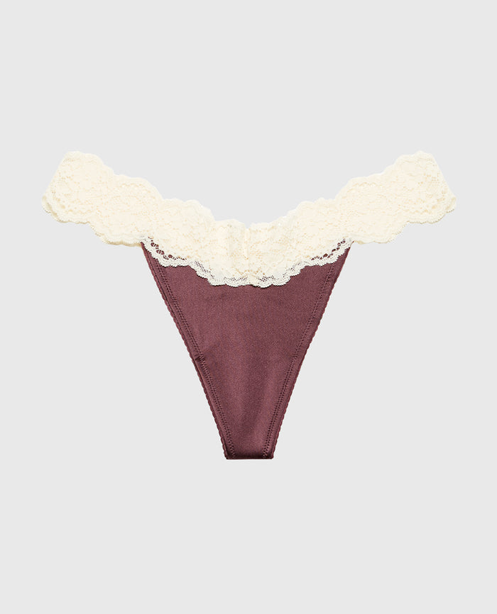 Diva Thong Panty with Timeless Lace Trim in Plum Wine