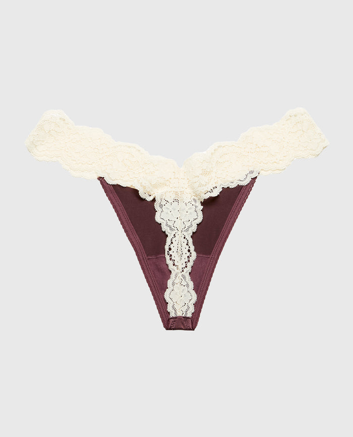 Diva Thong Panty with Timeless Lace Trim in Plum Wine