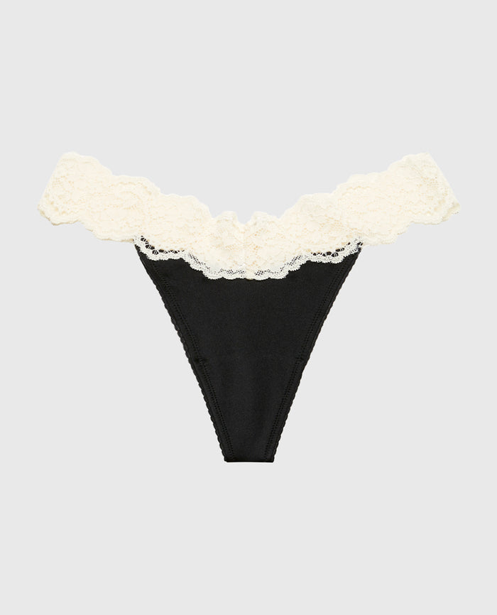 Diva Thong Panty with Timeless Lace Trim in Tuxedo Black