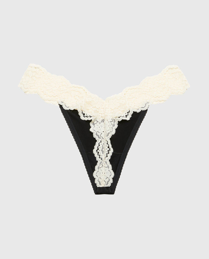 Diva Thong Panty with Timeless Lace Trim in Tuxedo Black