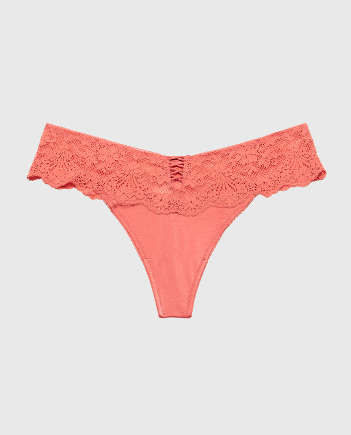 Diva Thong Panty with Timeless Lace Up Detail in Faded Rose