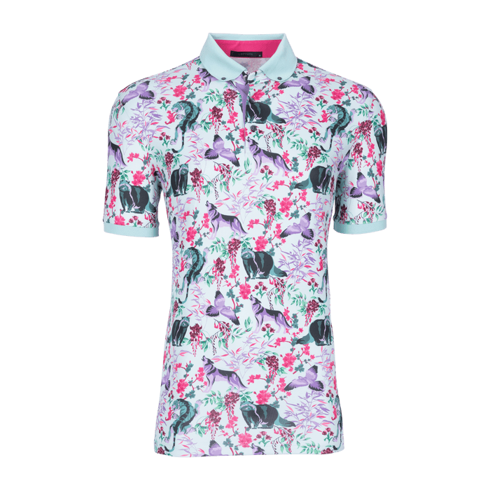 Greyson Clothiers Divine Nirvana Polo in Skystone - Front View, Japan-inspired floral and fauna print