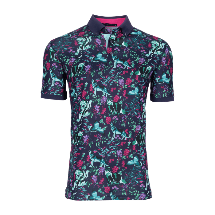 Greyson Clothiers Divine Nirvana Polo in Abyss - Front View, dark navy floral and fauna print