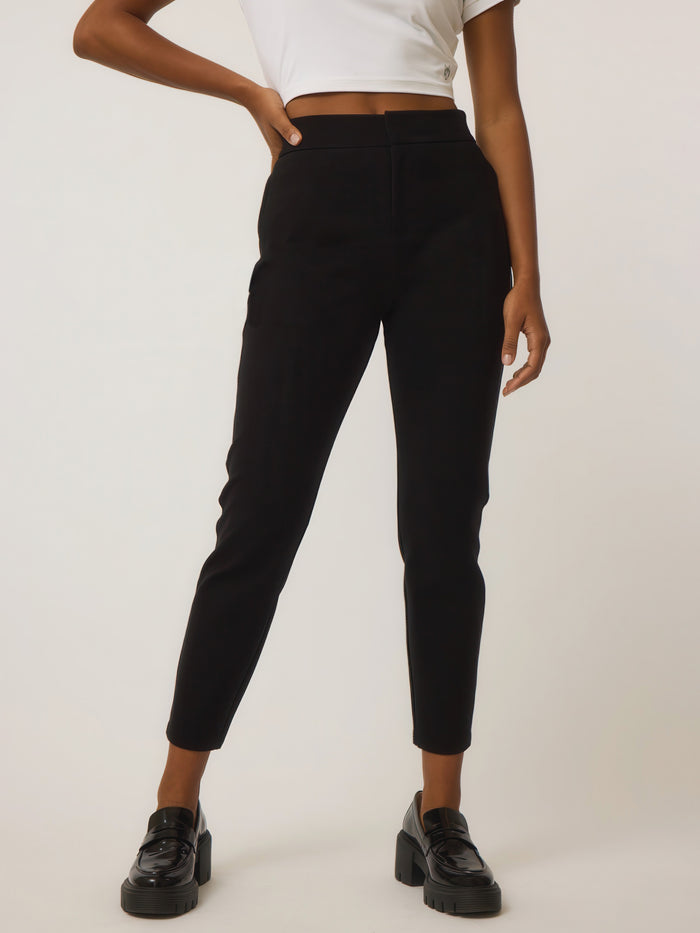 Black Ponté Drea High-Rise Trouser - Front View, Tailored Straight Leg | Greyson Clothiers