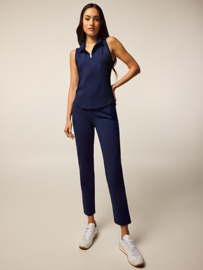 Maltese Blue Drea High-Rise Trouser Full Outfit - Styled with Matching Sleeveless Quarter-Zip Polo | Greyson Clothiers