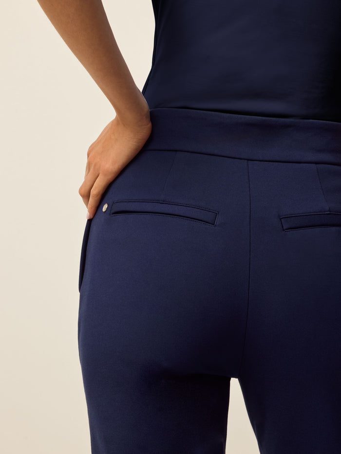 Maltese Blue Drea High-Rise Trouser - Back Pocket Close-Up, Welt Pocket & Rivet Hardware Detail | Greyson Clothiers