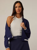 Drea Varsity Bomber Jacket in Maltese Blue - Front Close-Up, Contrast Collar and Cuffs Detail | Greyson Clothiers