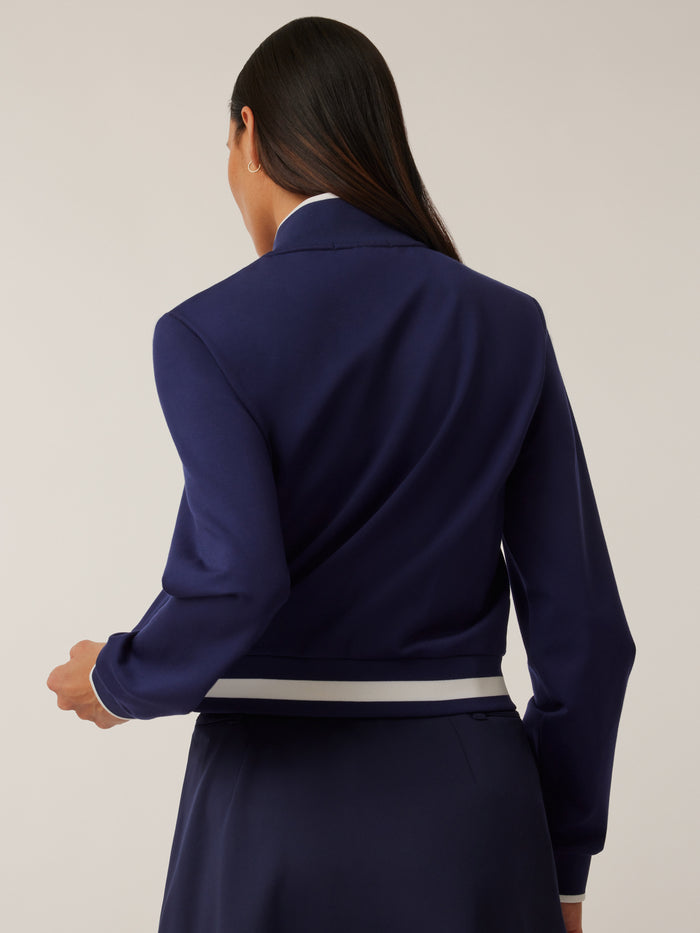 Drea Varsity Bomber Jacket in Maltese Blue - Back View, Contrast Stripe Hem and Ribbed Cuffs | Greyson Clothiers