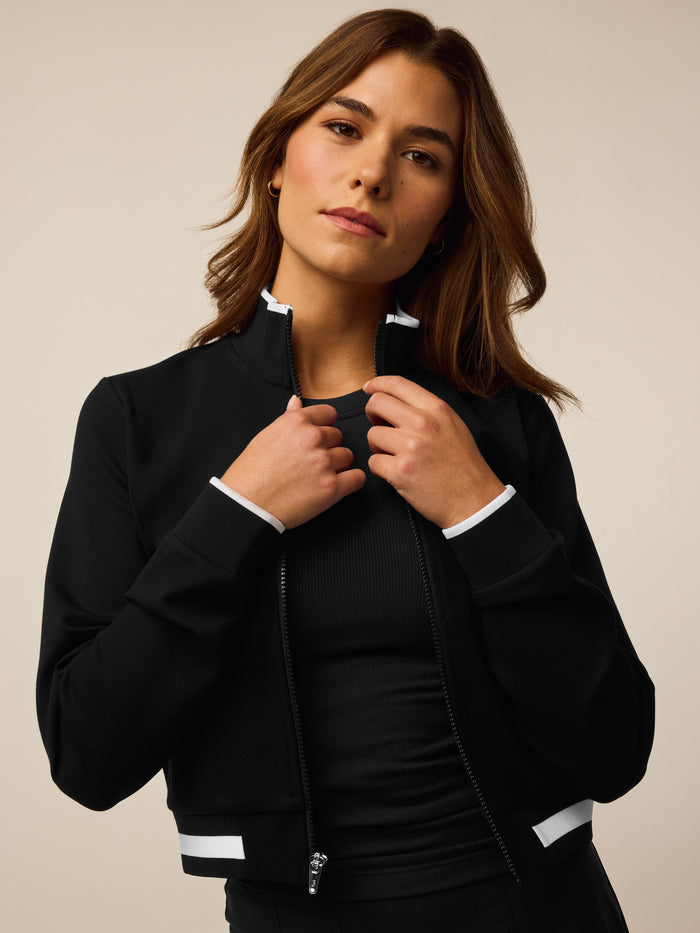 Drea Varsity Bomber Jacket in Shepherd - Front Close-Up, Contrast Collar and White Cuff Tipping | Greyson Clothiers