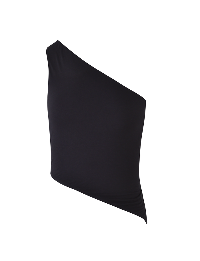The DREW TOP - BLACK by TIGERMIST is a black one shoulder, bodycon top with an asymmetric neckline and hem, shown on a plain white background.