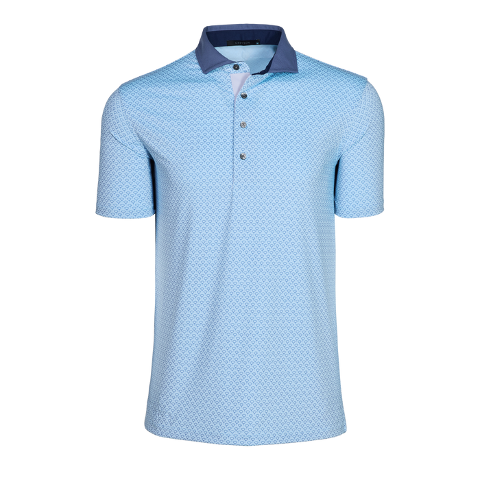 Maltese Blue Drifter Short Sleeve Printed Performance Golf Polo - Contrast Collar, Front View | Greyson Clothiers