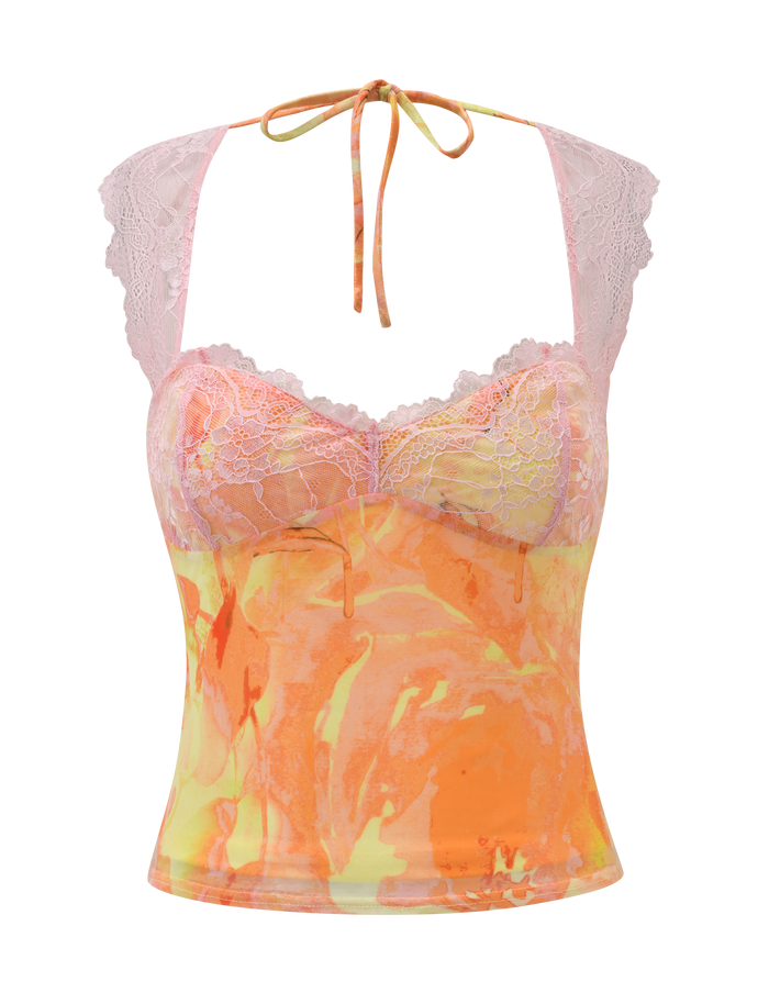 The DUNE MESH TOP - CREAMSICLE by TIGERMIST is a sleeveless halter top with pink lace bust and straps, an orange-yellow marbled body, lace at the neckline, and a neck tie for a chic finish.
