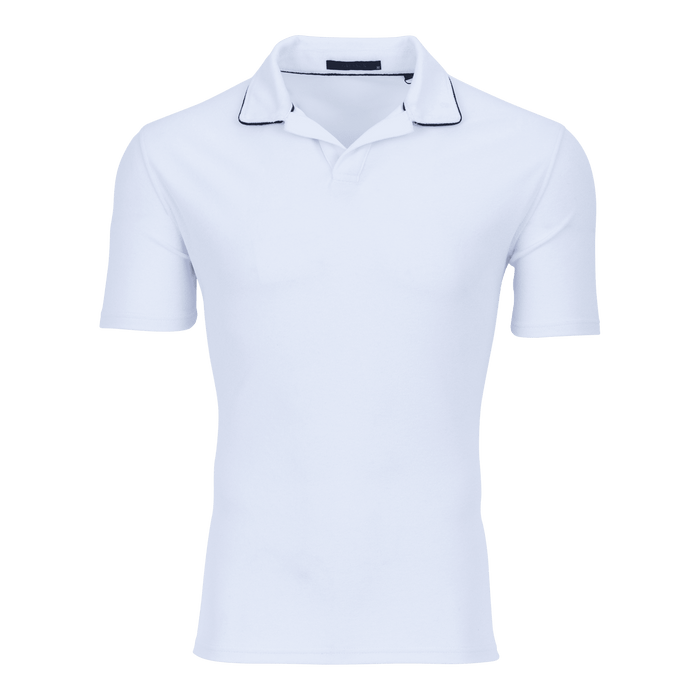 Greyson Clothiers Dune Polo in Arctic - Front View, White Terry Cloth with Contrast Collar Piping