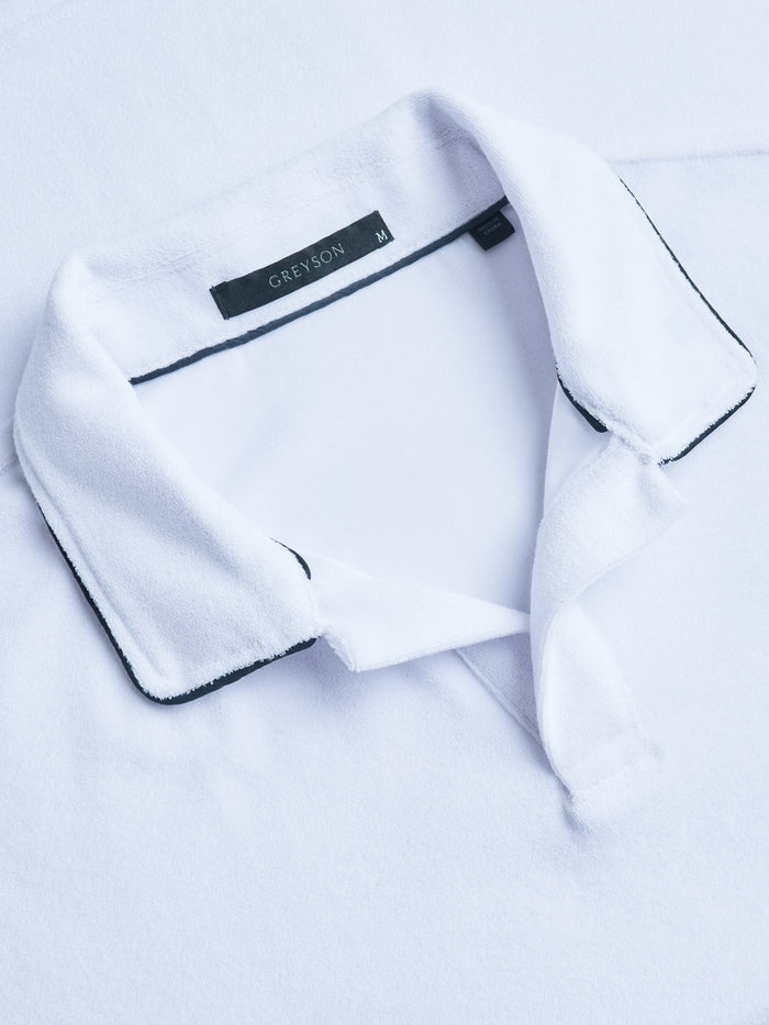 Dune Polo Arctic - Collar Detail, Open Placket with Dark Contrast Piping, Terry Cloth Fabric | Greyson Clothiers