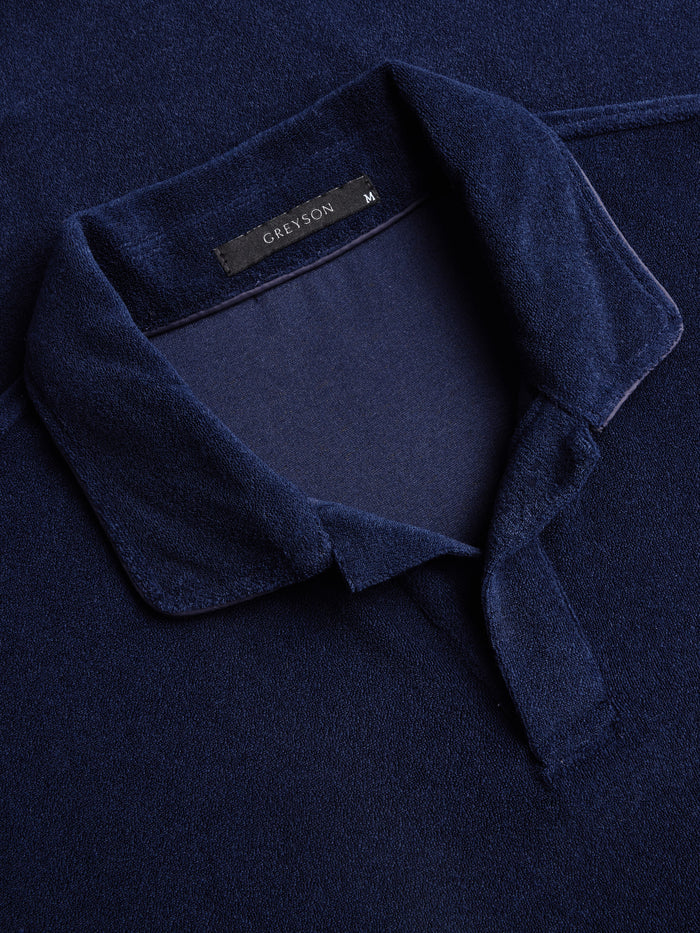 Dune Polo Maltese Blue - Collar & Open Placket Detail, Terry Cloth Texture | Greyson Clothiers