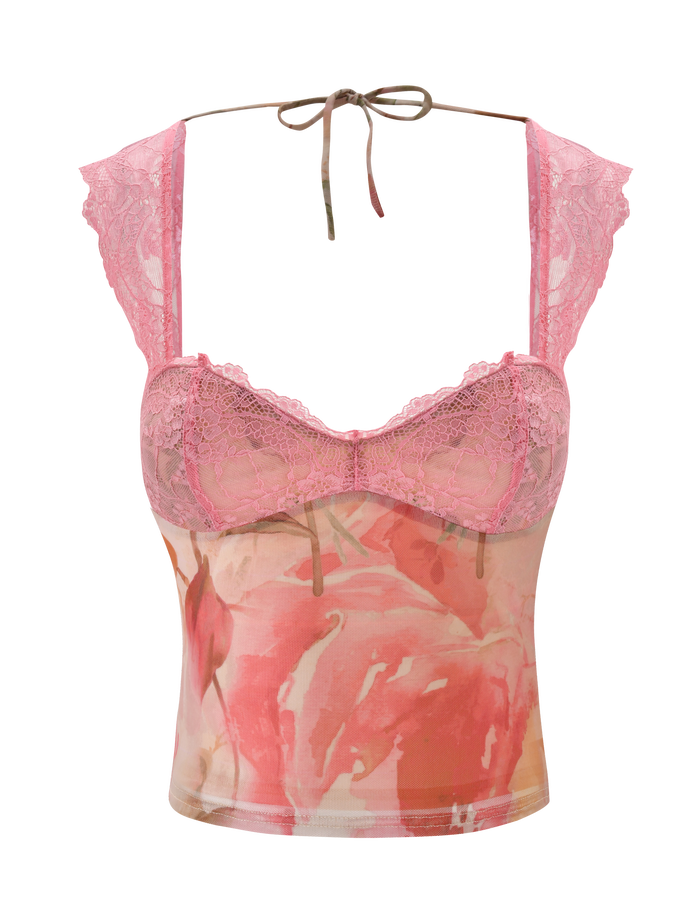 The DUNE TOP - WATERCOLOUR FLORAL by TIGERMIST is a pink lace top with watercolor floral patterns, delicate mesh, adjustable halter neck, lace cap sleeves, and underwire cups for support.
